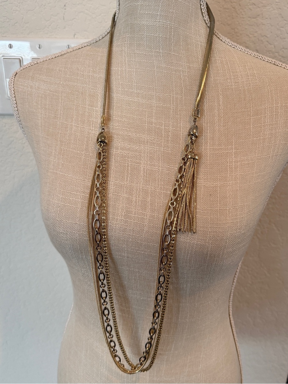 Chico’s Gold Tone Multi Chain Tassel Statement Necklace